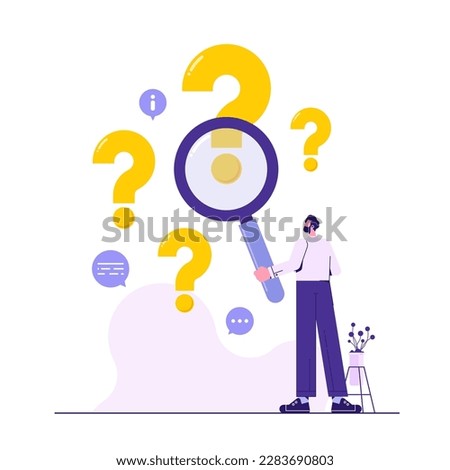 Man holding magnifying glass and looking for answer. Concept of frequently asked questions, query, investigation, search for information Royalty-Free Stock Photo #2283690803