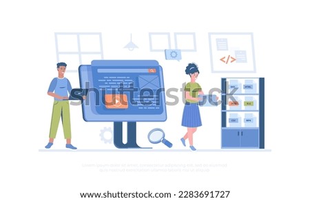 Web scraping. Technology for collecting data from web pages. Extracting content and data from websites in different formats. Cartoon modern flat vector illustration for banner, website design, landing Royalty-Free Stock Photo #2283691727