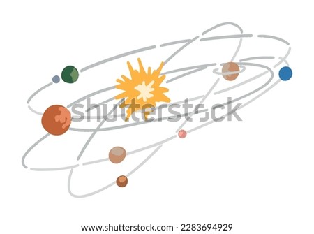 Cosmic space colored doodle. Cartoon drawing of abstract solar system. Astronomy science clipart. Hand drawn vector illustration isolated on white..