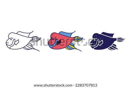 Flower horn Fish line and solid vector icons