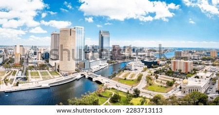 Aerial panorama of Tampa, Florida skyline. Tampa is a city on the Gulf Coast of the U.S. state of Florida. Royalty-Free Stock Photo #2283713113