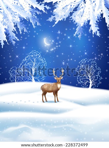 Vector Christmas night background with deer, snowdrifts, fir tree branches, frozen trees on the dark blue background