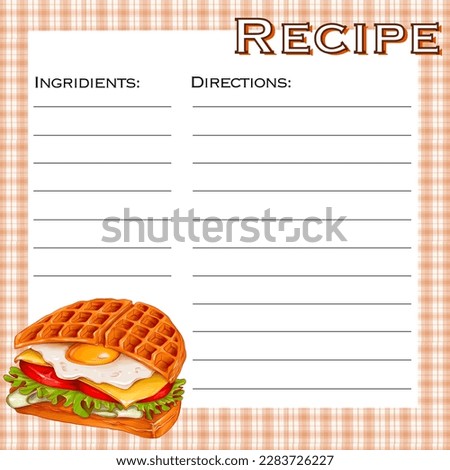 Recipe card with waffle sandwich . free Form to fill out, space for ingredients and directions. cute design foe Recipes, Cookbook page 