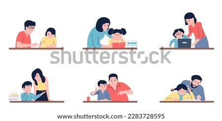 Parents reading and support teaching child. Mother or teacher, family doing homework together. Adults explain to children, recent vector education scenes Royalty-Free Stock Photo #2283728595