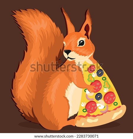 a red-haired squirrel with a light belly holds a bitten piece of pizza with sausage, cheese, olives and mushrooms, on a brown background