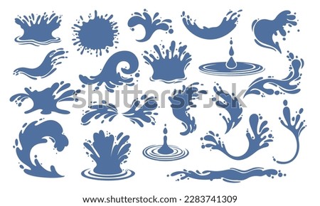 Water splash silhouettes set vector illustration. Blue stamps of ocean or sea wave with splatters and water spray, falling droplets of fountain and circle ripples, ink or paint stain of simple shapes Royalty-Free Stock Photo #2283741309