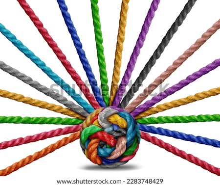 Interconnected Diversity Metaphor as a symbol of a diverse society and team communication or radiating network and networking from a central point as ropes intertwined. Royalty-Free Stock Photo #2283748429