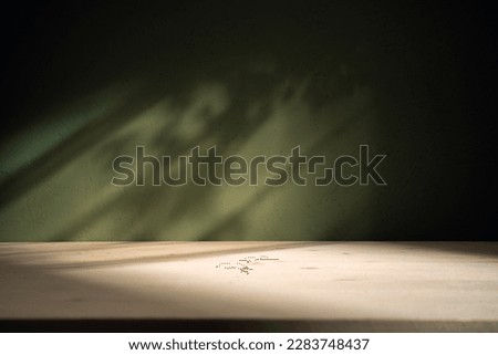 Empty table on dark green texture wall background. Composition with monstera leaves shadow on the wall and light reflections. Mock up for presentation, branding products, cosmetics food or jewelry. Royalty-Free Stock Photo #2283748437