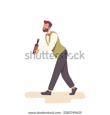 Friendly smiling waiter character holding glass bottle of old wine offering best winery product