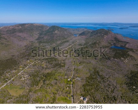 Acadia National Park aerial view including Bar Harbor, Bar Island, Cadillac Mountain and Otter Creek Road on Mt Desert Island, Maine ME, USA.  