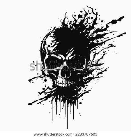 Skull in paint stains. Black and white sign. Vector illustration