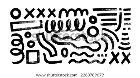 Funny basic shapes, random childish doodle elements. Brush drawn geometric vector shapes in memphis style. Bold curly lines illustration. Messy doodles, geometric brush strokes.