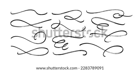 Hand drawn collection of curly swishes, swashes and wavy lines. Vector calligraphy flourishes for text. Decorative underline brush strokes. Highlight text elements. Typography tails in vintage style. 