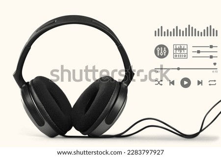 black headphones on a white background On the side there are symbols, play buttons, equalizers and sound lines, suitable for use in music media, advertising, teaching and art.