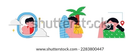 People enjoying summer. A boy in an airplane window, a guy with a surfboard and a Hawaiian shirt, and a girl taking pictures.