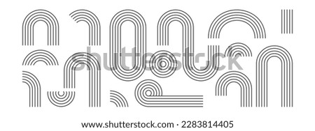 Collection of black outline rainbows vector boho style in different shapes. Set of Rainbow line stripes on white background. 