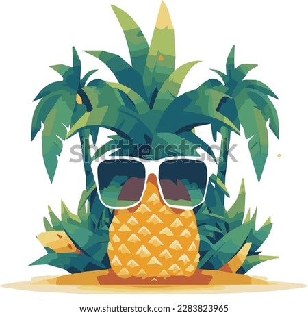 Pineapple wearing sunglesses on a tropical island with palm trees