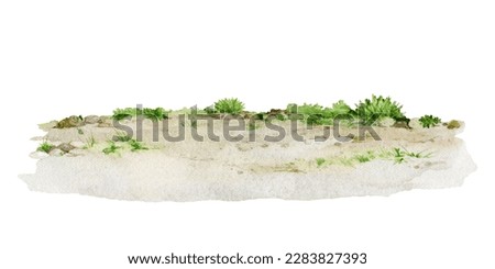 Ground with green grass watercolor illustration. Lush grassy on the ground landscape background element. Natural surface illustration. Isolated white background