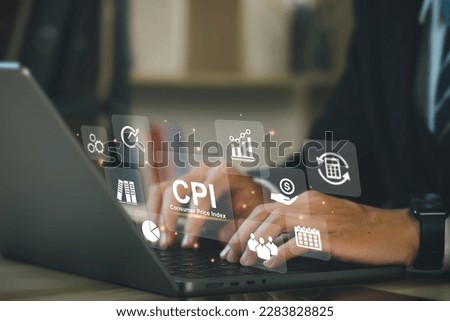 CPI, consumer price index symbol. Businessman working on laptop computer with virtual screen CPI icons, Food inflation, and crisis. Finance and Economy. consumer price index concept. Royalty-Free Stock Photo #2283828825