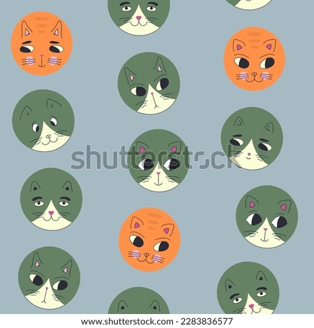 Repeating texture, black eyes cats. Surface pattern, pet kitten. Seamless colorful background
