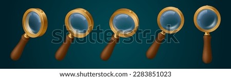 3d magnifying glass with transparency vintage game vector icon. Isolated gold magnify lens tool different angle view to analyze information or spy. Metallic detective or inspector loupe element Royalty-Free Stock Photo #2283851023