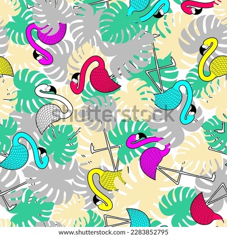 Flamingo and tropical leaves pattern seamless. water bird with pale pink plumage background. Ornament of kids fabric