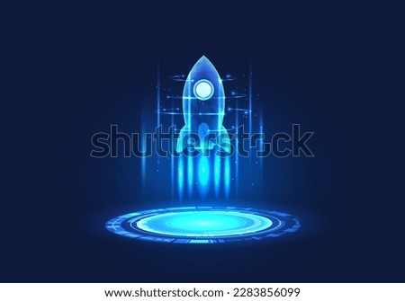 Rocket is above the technology circle. It means using smart technology to help the company's business grow and expand rapidly. Both in the online world the Internet generates income for business Royalty-Free Stock Photo #2283856099