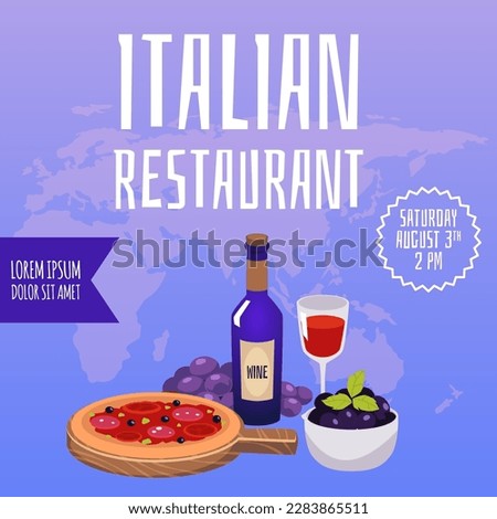 Squared banner for Italian restaurant flat style, vector illustration. Silhouette of world map on background, decorative design, wine, pizza and grapes. Advertising, place for text