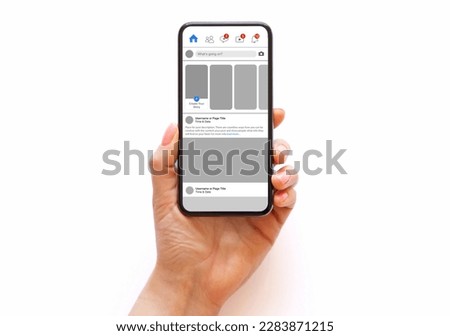 Phone in hand with social media app mockup on it's screen Royalty-Free Stock Photo #2283871215