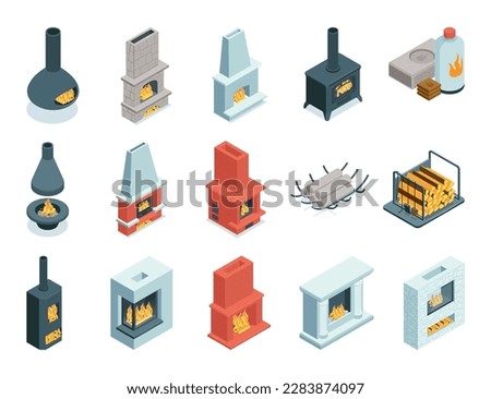 Isometric fireplaces set with isolated icons of vintage and modern style burning chimneys on blank background vector illustration Royalty-Free Stock Photo #2283874097
