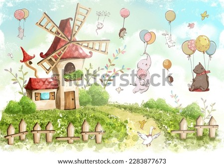 children's drawing windmill and animals in balloons for digital printing wallpaper, custom design wallpaper 