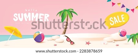Summer travel poster banner display podium with sand and summer beach scene design background Royalty-Free Stock Photo #2283878659