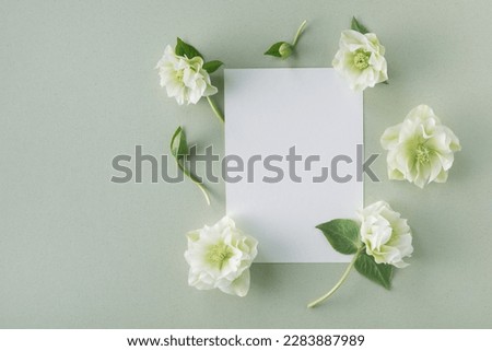 White invitation card mockup from paper blank decorated with fresh flowers in minimal elegant style. Beautiful floral template top view.
