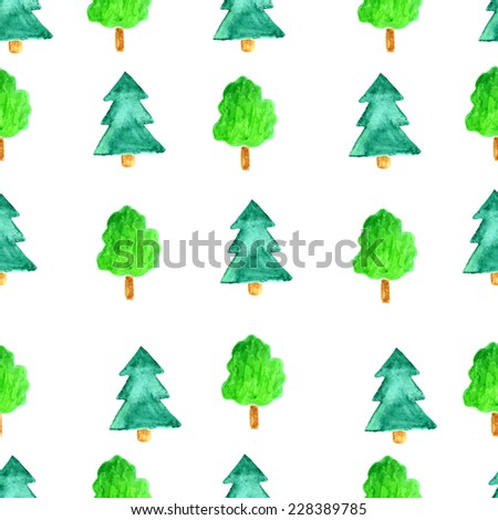 Watercolor vector color tree  and spruce seamless pattern for gift wrapping, textile design and scrapbooking. EPS 10