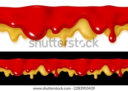 Dripping ketchup and mustard sauce design. Vector 3d liquid paint stain illustration. Realistic horizontal seamless border isolated. Royalty-Free Stock Photo #2283903439