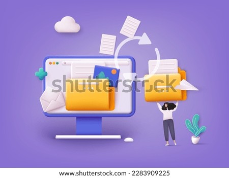 Transfer file of data between folder. Transmission of document. Backup of information on pc system. Exchange of file. 3D Vector Illustrations.  Royalty-Free Stock Photo #2283909225