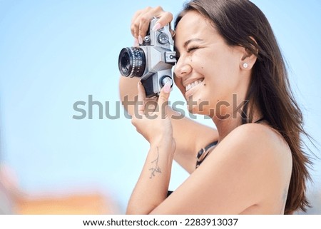 Woman, camera or digital city photographer with art motivation, creative vision or Japanese blogging goals. Smile, happy or photography tourist working for social media or Tokyo travel marketing blog