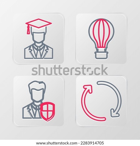 Set line Refresh, User protection, Hot air balloon and Graduate with graduation cap icon. Vector