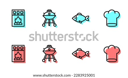 Set line Fish, Matchbox and matches, Barbecue grill and Chef hat icon. Vector