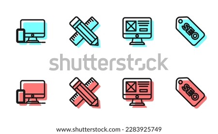 Set line UI or UX design, Monitor and mobile, Crossed ruler pencil and SEO optimization icon. Vector
