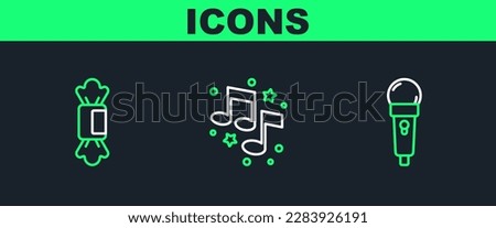 Set line Microphone, Candy and Music note, tone icon. Vector
