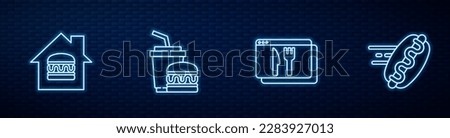 Set line Online ordering and delivery, , Paper glass burger and hotdog. Glowing neon icon on brick wall. Vector