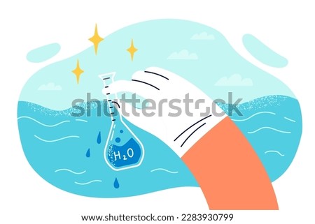 Glass flask signed H2O with water from ocean in hand environmentalist checking liquid for hazardous substances. Volunteer wants to test ocean water in lab for evidence of epidemiological catastrophe Royalty-Free Stock Photo #2283930799