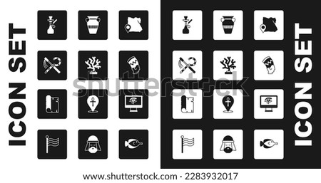 Set Map of Egypt, Coral, Crook and flail, Hookah, Nefertiti, Egyptian vase, Eye Horus on monitor and Papyrus scroll icon. Vector