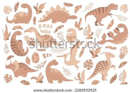 Vector collection with cute boho hand drawn cartoon dinosaurs, leaves and branches isolated on white background. Illustration for print, wallpaper, card, nursery decoration