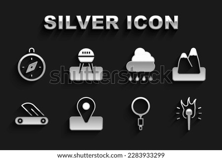 Set Location for camping, Mountains, Torch flame, Magnifying glass,  army knife, Cloud with rain, Compass and Barbecue grill icon. Vector