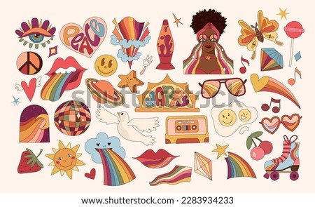 Groovy isolated clip art bundle with hippie girl, abstract rainbow shapes, peace symbol, hearts, retro cassete, lava lamp and disco ball, big vector kit