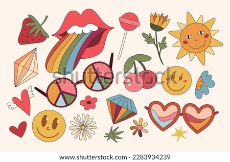 Groovy retro isolated clip art bundle with flower, sun, strawberry, lips and rainbow colored tongue, vector kit