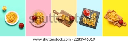 Collage of tasty french fries with ketchup and mayonnaise on color background, top view Royalty-Free Stock Photo #2283946019