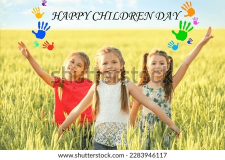 Greeting card for Happy Children's Day with little girls in field